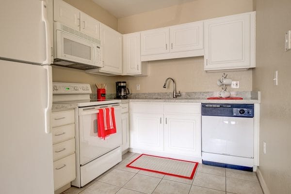 Fully equipped kitchen in a model apartment in Fountain View Village