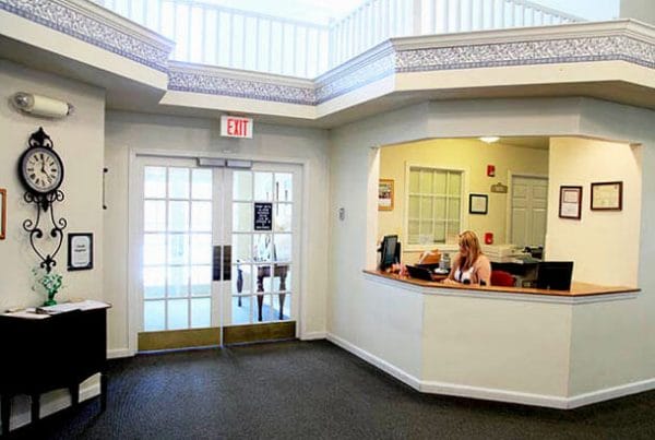 Front entrance and reception desk in the lobby of Pinewood Place