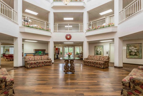 Two story foyer in the lobby of Apple Blossom