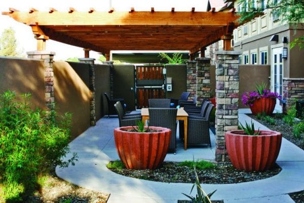 Trellis and outdoor seating at Mountain Park Senior Living