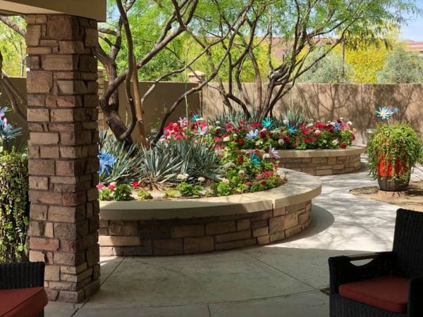 Mountain Park Senior Living outdoor gardens with raised flower beds