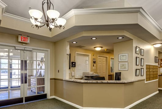 Front desk reception area and lobby in Kingswood Place Assisted Living Community