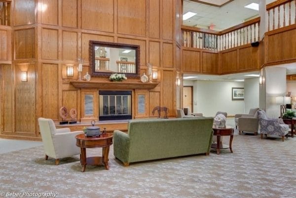 West Shores lobby and fireplace