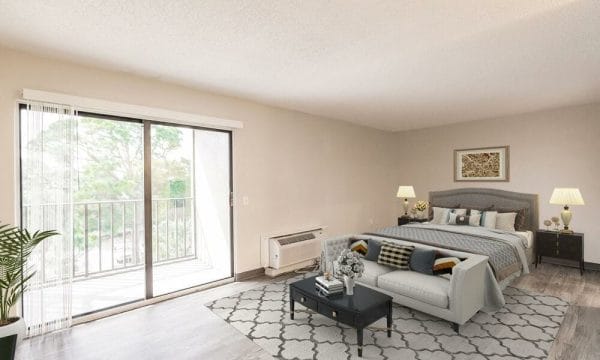 Model apartment interior in River Commons
