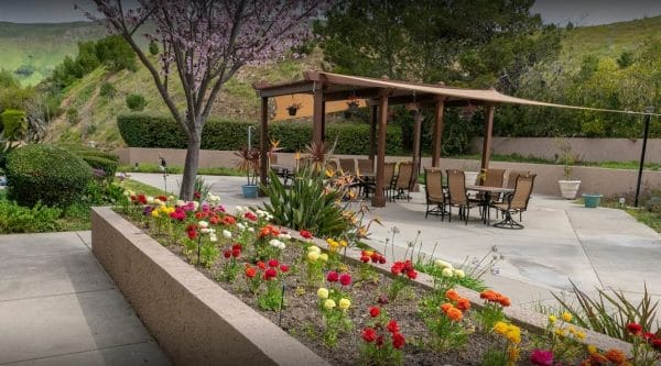 Outdoor Seating Area with Flower Garden Walkway at Las Brisas