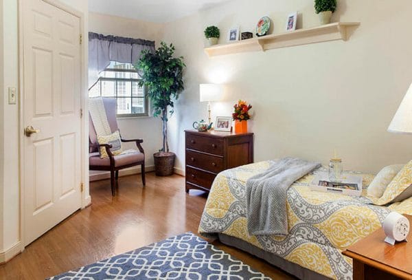 Model residence bedroom in Charter Senior Living of Annapolis