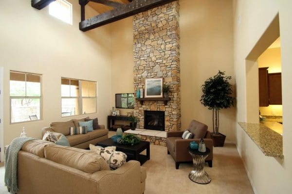 Sagewood Casita living room with stone fireplace