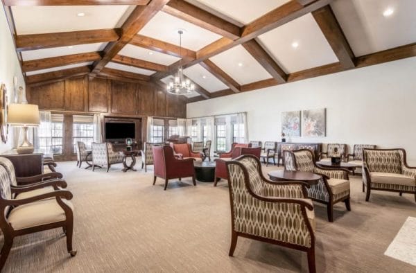 Vaulted coffered ceilings in resident lounge at Country Club At Woodland Hills
