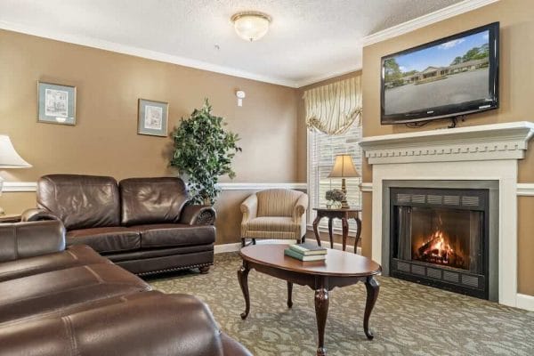 Fireplace and tv in the TerraBella Spartanburg community living room