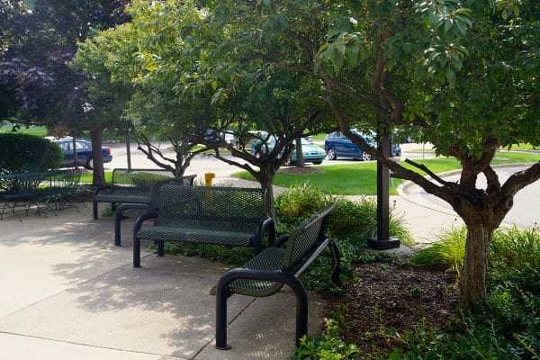 Park benches under a canopy of trees in the Waverly Meadows courtyard