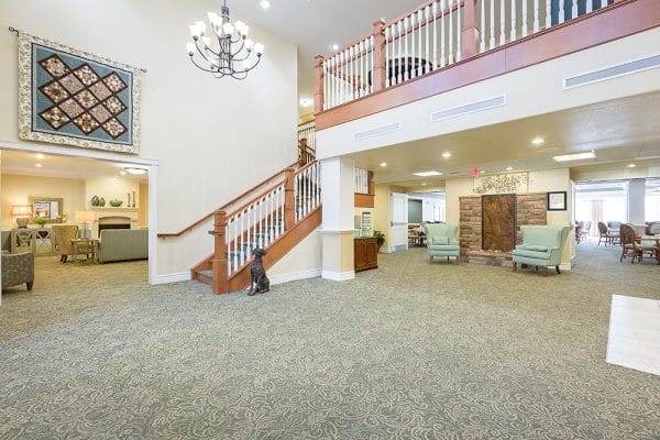 Lobby and staircase to second floor in Mountain Park Senior Living