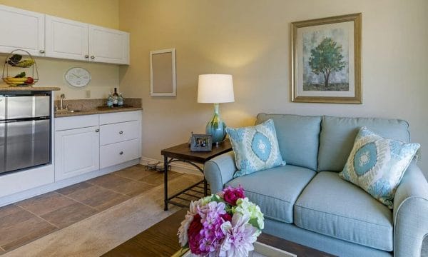 Model Apartment Living Room With Kitchenette at Brookdale South Bay