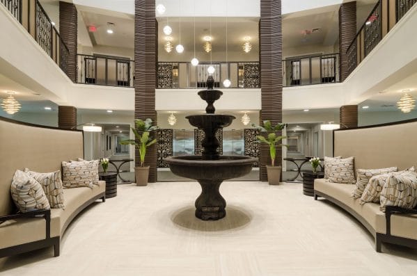 American House Coconut Point lobby with tiered water fountain