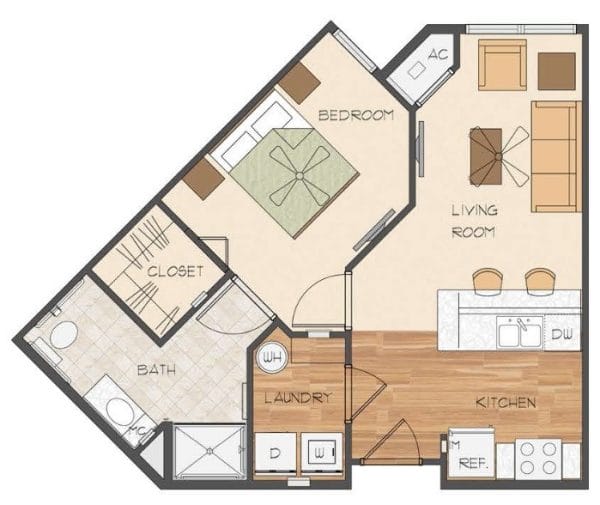 One bedroom corner unit floor plan at Mary Eaves Apartments