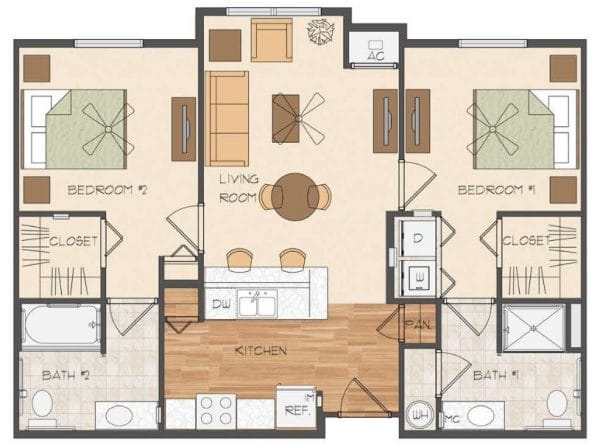 Two bedroom floor plan at Mary Eaves Apartments
