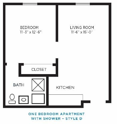 One Bedroom Style D Floor Plan at Foulk Manor North