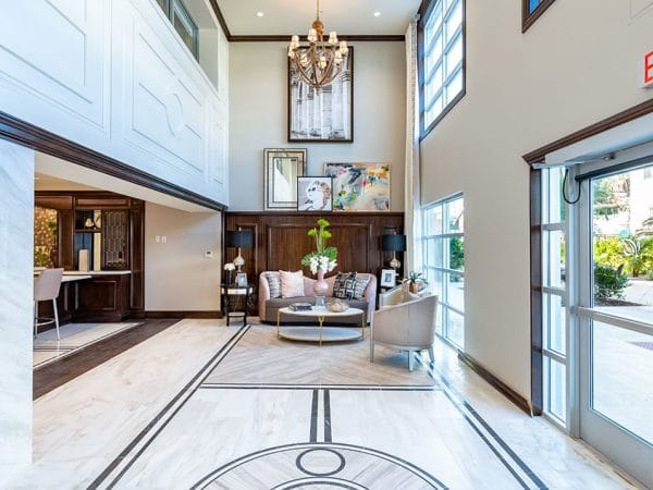 Lobby with vaulted ceilings and marble floors at Hollywood Hills