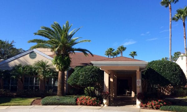 Front entrance with towering palm trees and clear blue sky over covered walkway at Savannah Court of Maitland