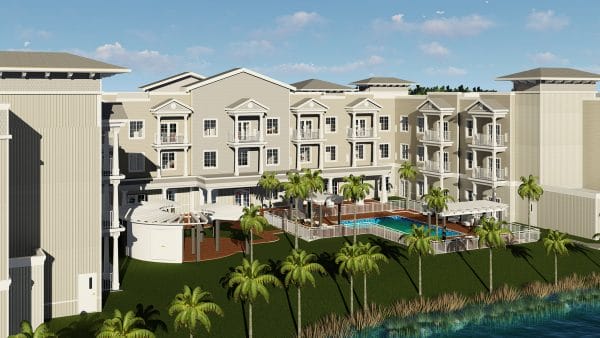 Exterior rendering of Seagrass Village of Fleming Island showing building and grounds and pool surrounded by palm trees