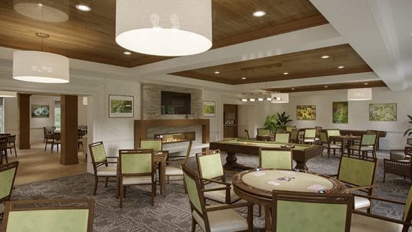 The Bristal Assisted Living at Mount Sinai dining room with wood and lime green tables and chairs