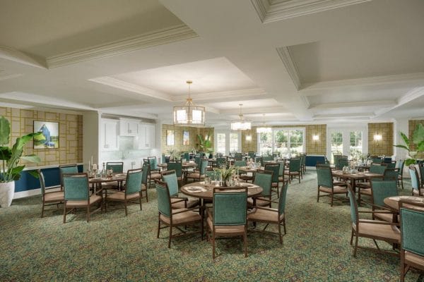 The Bristal Assisted Living at Somerset dining room with light green carpet, ample seating and white coffered ceiling