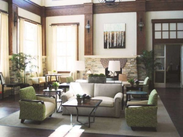 The Club and Rehabilitation Center at The Villages clubhouse lobby with social gathering areas