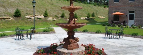 Tiered water fountain in the Paramount Senior Living at Bethel Park courtyard