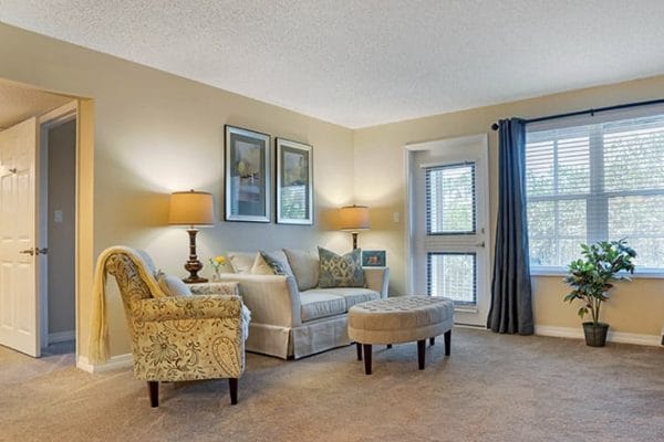 Model apartment living room in a Brookdale Destin residence