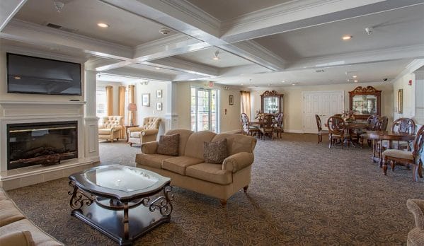 Coffered ceilings in the living room at Chester Village Senior Apartments