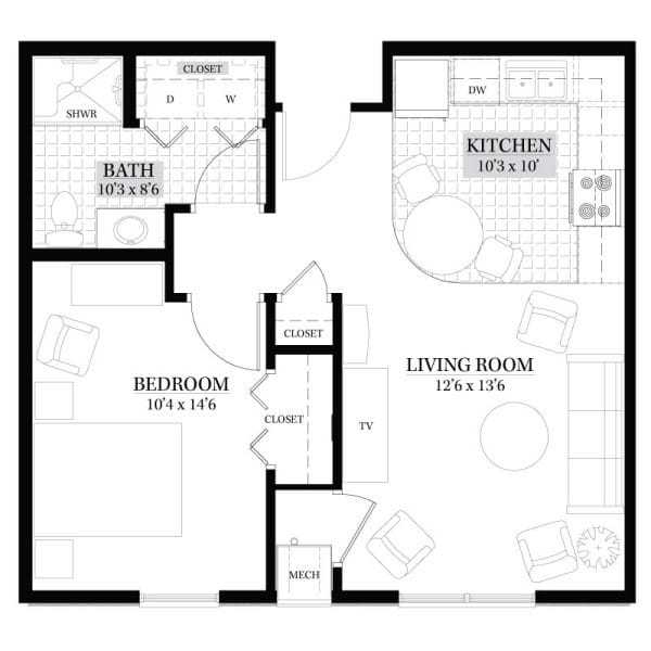 Daniel Pointe Retirement 1 bedroom AC floor plan