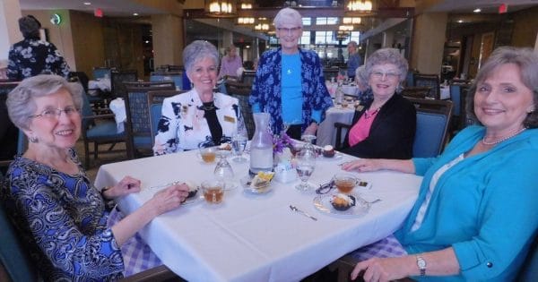 Five ladies enjoing tea and dessert at Emerald Oaks Retirement