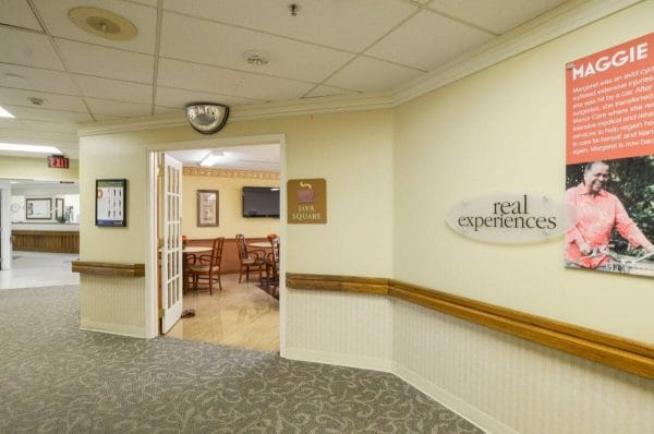 ProMedica Skilled Nursing and Rehabilitation Ft. Myers West interior hallway and coffee room entrance