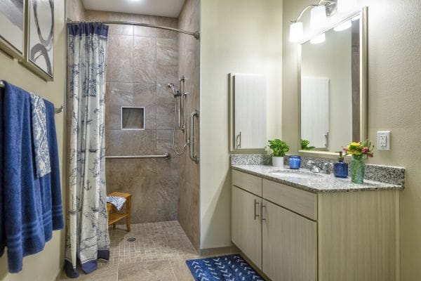 Walk in shower and vanity area in a Discovery Village at Westchase model home