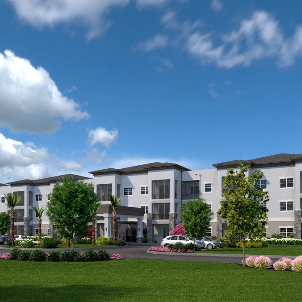 Front Entrance artist rendering of Highpoint Stonecrest with beautiful spring landscape