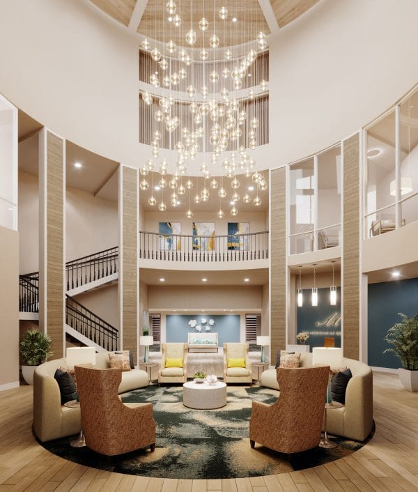 Lobby and resident gathering area in The Meridian at Brandon