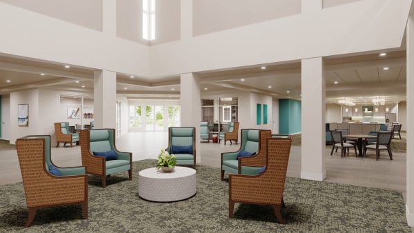 Foyer and resident sitting area in The Meridian at Brandon