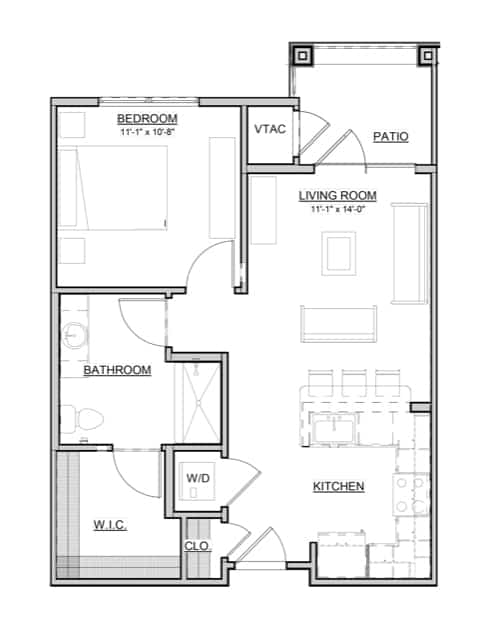Independent Living - Apartments and Villas - The Dogwood - 632 Sq Ft. - 1 bedroom with 1 bath and walk in closet with a patio