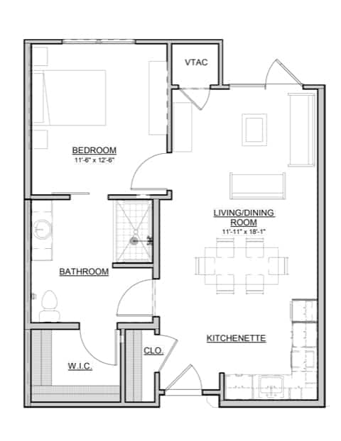 Assisted Living - Apartments -Hickory is 688 Sq Ft 1 bedroom and 1 bath with walk in closet and kitchenette