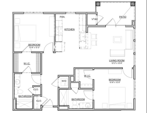 Independent Living - Apartments and Villas - Holly is 1073 Sq Ft. 2 bedroom 2 bath with walk in closets and patio