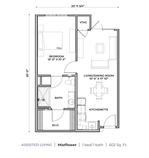 Assisted Living Apartment - Mistflower is a 1 bedroom 1 bath apartment that is 602 sq ft. that has a dining area, kitchenette and walk in closets