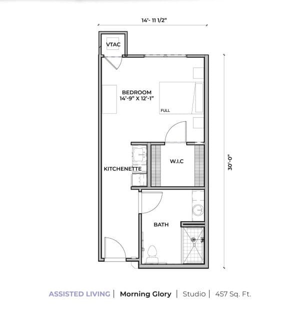 Assisted Living Apartment - Morning Glory is a Studio Apartment that is 457 sq ft with walk in closet and kitchenette
