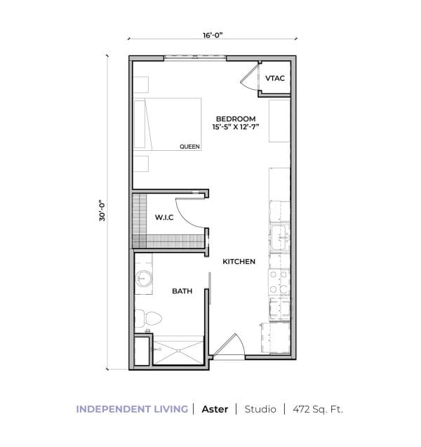 Independent Living Apartments - Aster - 472 Sq Ft Studio Apartment with Walk in Closet