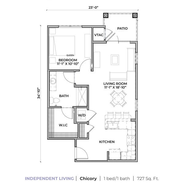 Independent Living Apartments - Chicory is a 1 bedroom 1 bath apartment that is 727 sq ft. with walk in closet, washer and dryer and patio