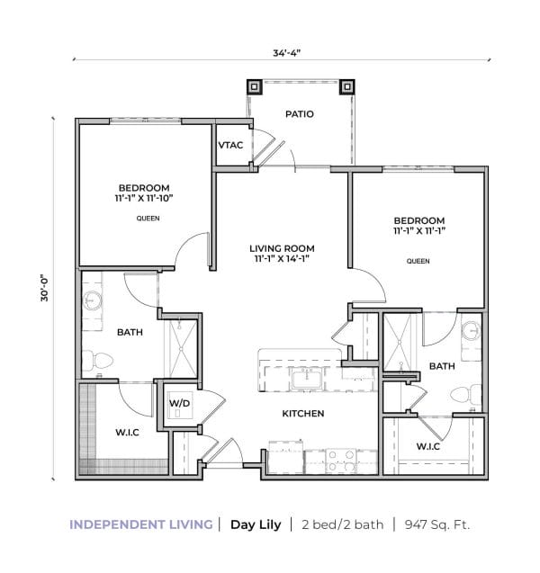 Independent Living Apartments - Day Lily is a 2 bedroom 2 bath apartment that is 947 sq ft. with walk in closet, washer and dryer and patio