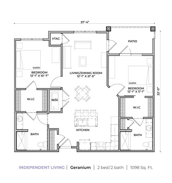 Independent Living Apartments - Geranium is a 2 bedroom 2 bath apartment that is 1098 sq ft with a walk in closet, washer and dryer