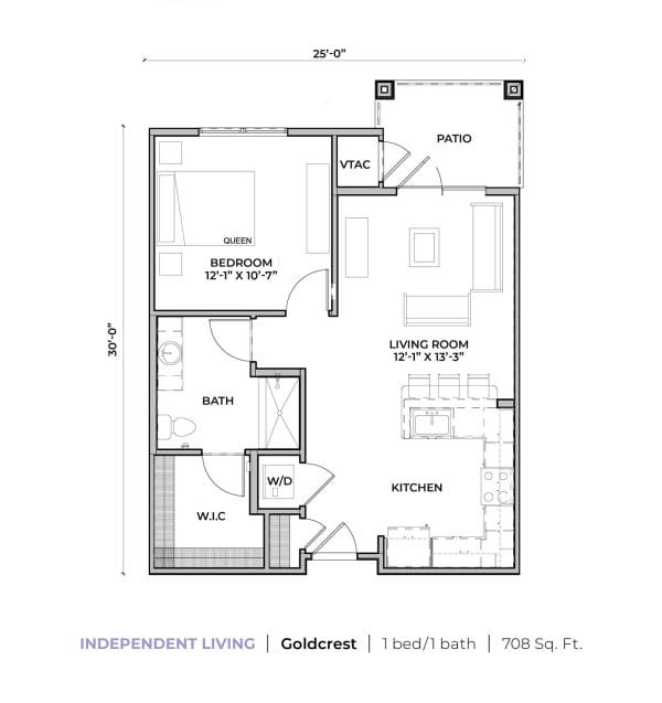 Independent Living Apartments - Goldcrest is a 1 bedroom 1 bath apartment that is 708 sq ft. with walk in closet, washer and dryer and patio