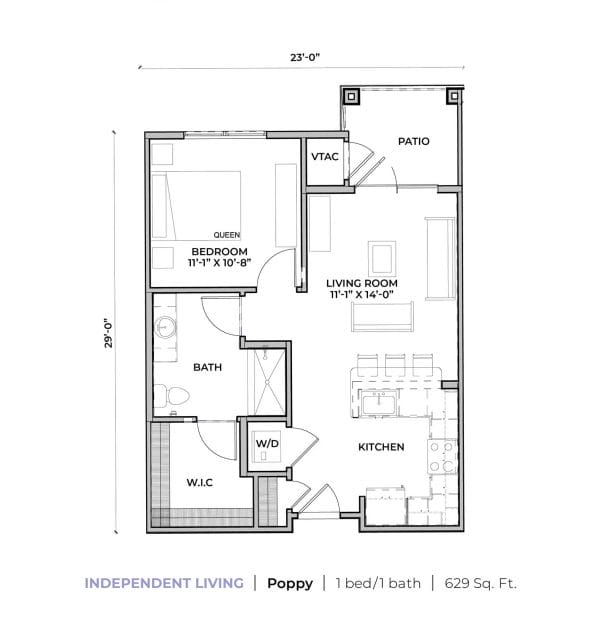Independent Living Apartments - Poppy is a 1 bedroom 1 bath apartment that is 629 sq ft with walk in closet, washer dryer and patio