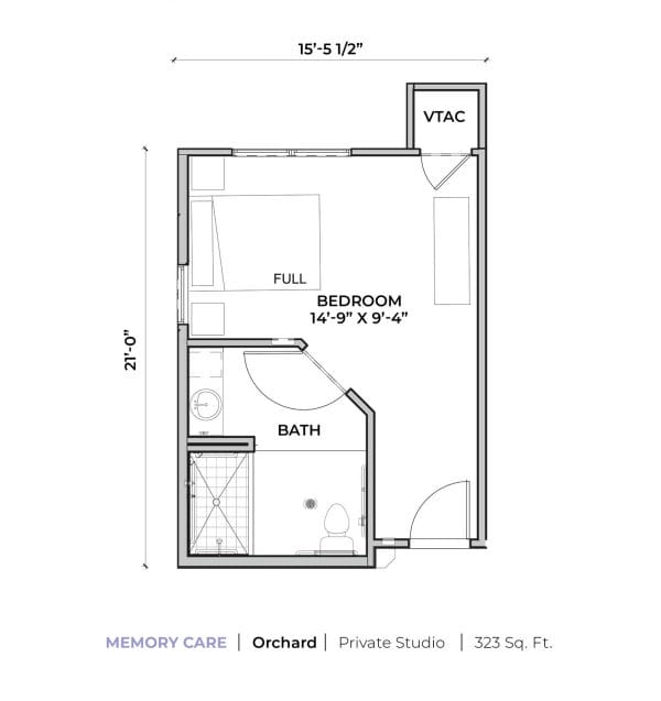 Memory Care Apartment - Orchard is a Private Studio Apartment that is 323 Sq Ft.