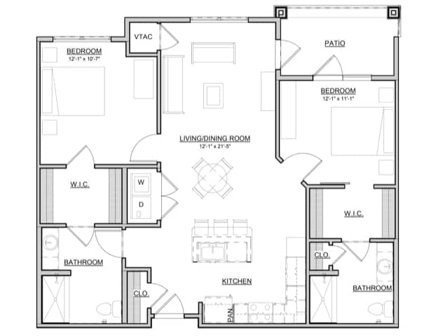 Independent Living - Apartments and Villas - Palm is a 2 bedroom 2 bath 1102 Sq Ft floorplan with walk In Closets and Patio access from the living room and one bedroom.