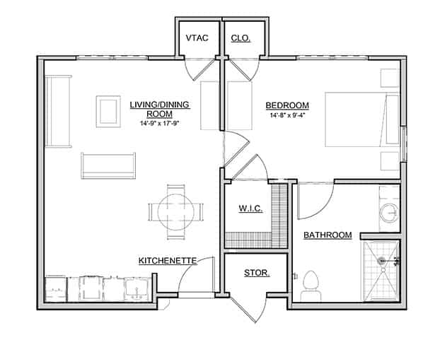 Memory Care - Apartments -Poplar is 652 Sq Ft 1 bedroom, 1 bath Living room and Kitchenette.